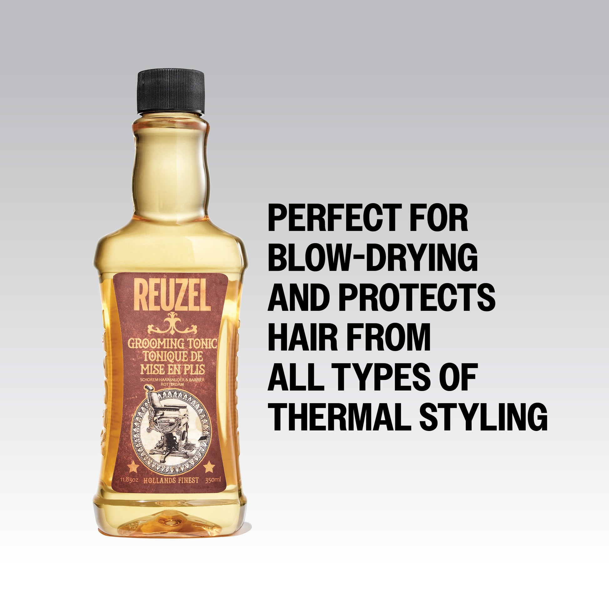 Reuzel Deutschland grooming tonic in a clear bottle, showing the hair tonic product with a pump dispenser on a neutral background.