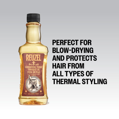 Reuzel Deutschland grooming tonic in a clear bottle, showing the hair tonic product with a pump dispenser on a neutral background.