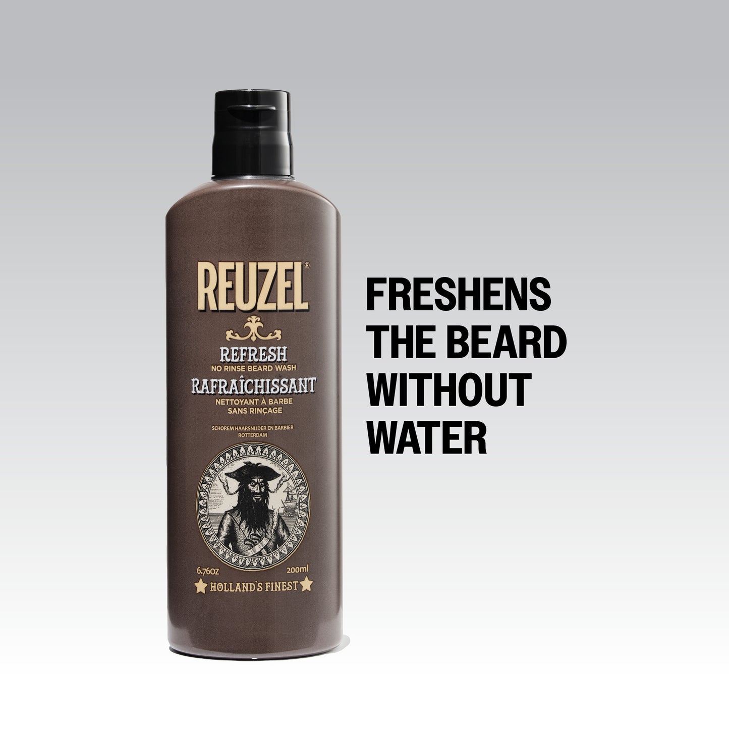 Reuzel Deutschland Refresh No Rinse Beard Wash bottle with label, designed for clean, fresh beards without rinsing.