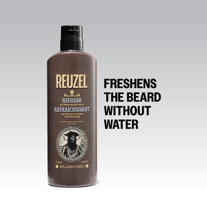 Reuzel Deutschland Refresh No Rinse Beard Wash bottle with label, designed for clean, fresh beards without rinsing.