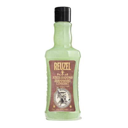 Reuzel Deutschland Scrub Shampoo bottle with label, showing the scalp exfoliating shampoo for deep cleansing and hair care.