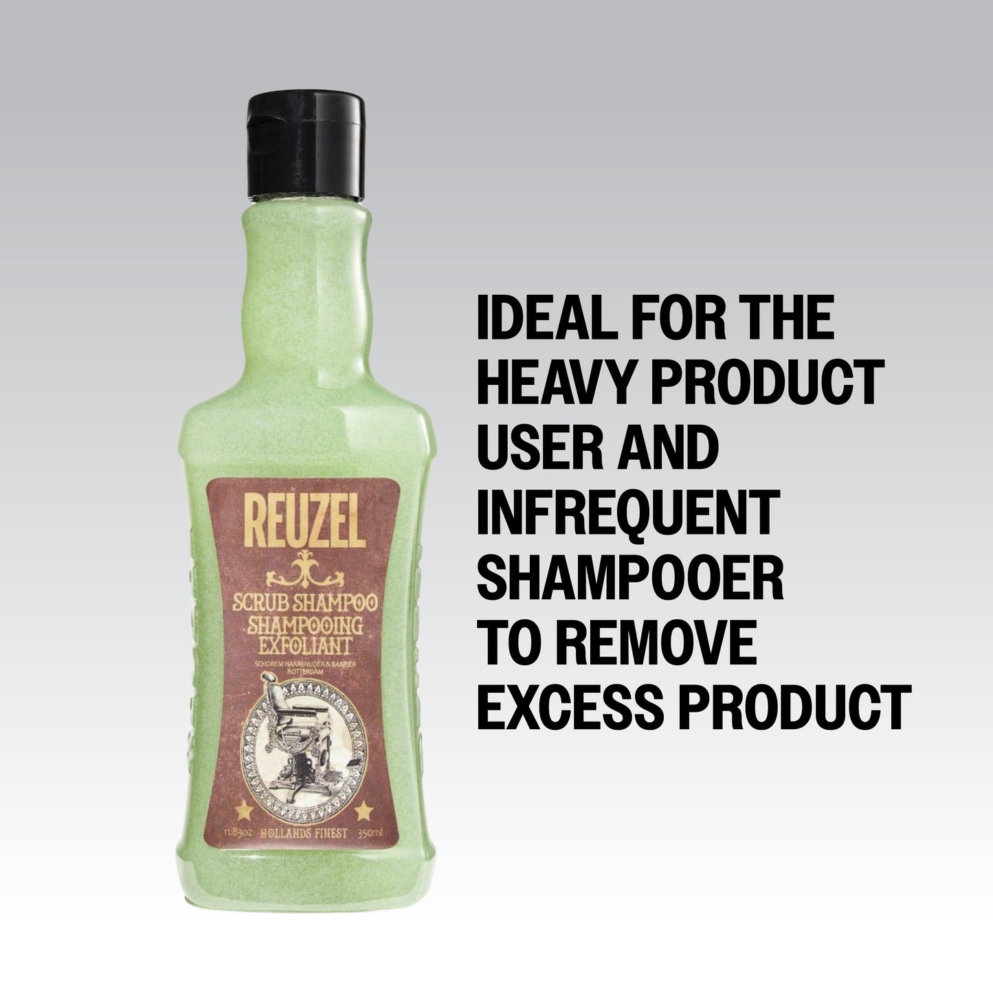 Reuzel Deutschland Scrub Shampoo in a bottle, showing the product label and packaging for cleansing and scalp exfoliation.
