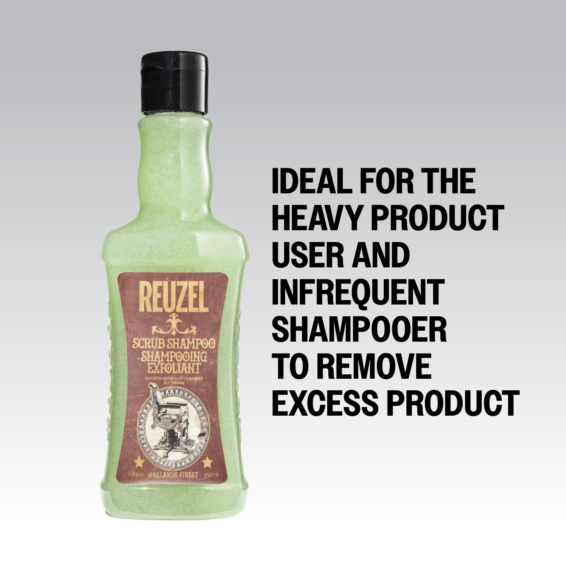 Reuzel Deutschland Scrub Shampoo in a bottle, showing the product label and packaging for cleansing and scalp exfoliation.