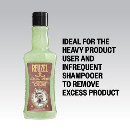 Reuzel Deutschland Scrub Shampoo in a bottle, showing the product label and packaging for cleansing and scalp exfoliation.