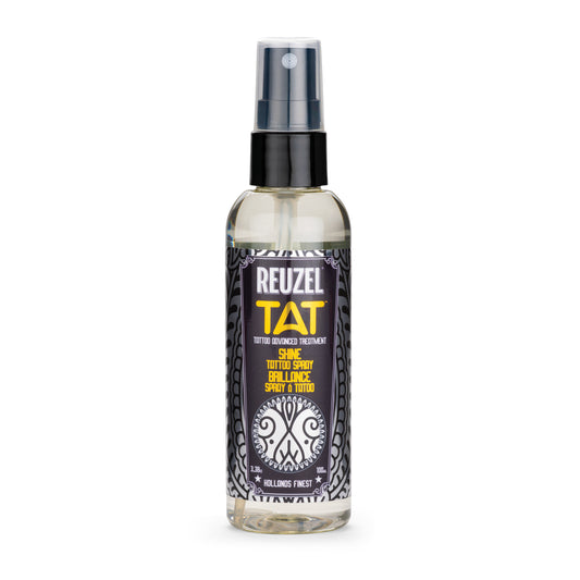 Reuzel Shine Tattoo Spray in a spray bottle, designed for tattoo aftercare with a sleek black and white label, shown on a white background.