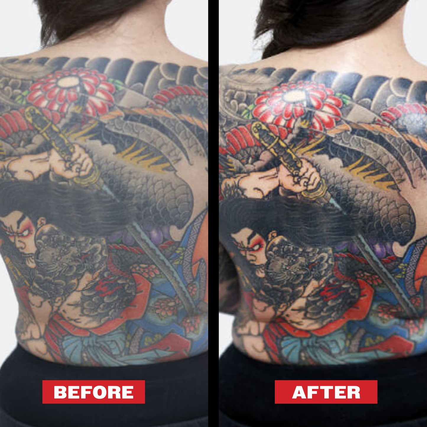 Before and after comparison of a tattoo after using Reuzel Tat Shine Spray product.