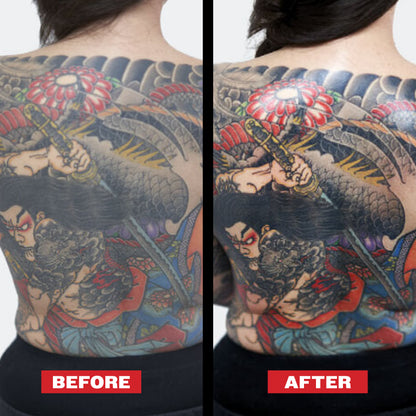 Before and after comparison of a tattoo after using Reuzel Tat Shine Spray product.