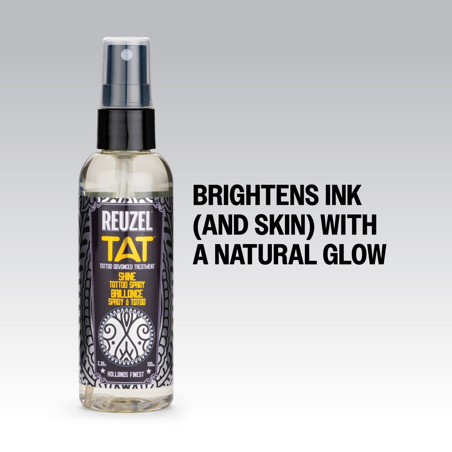 Reuzel Shine Tattoo Spray bottle from the Shine Tattoo Aftercare Products line, with spray nozzle and label visible. Brightens Ink and skin with a natural glow.