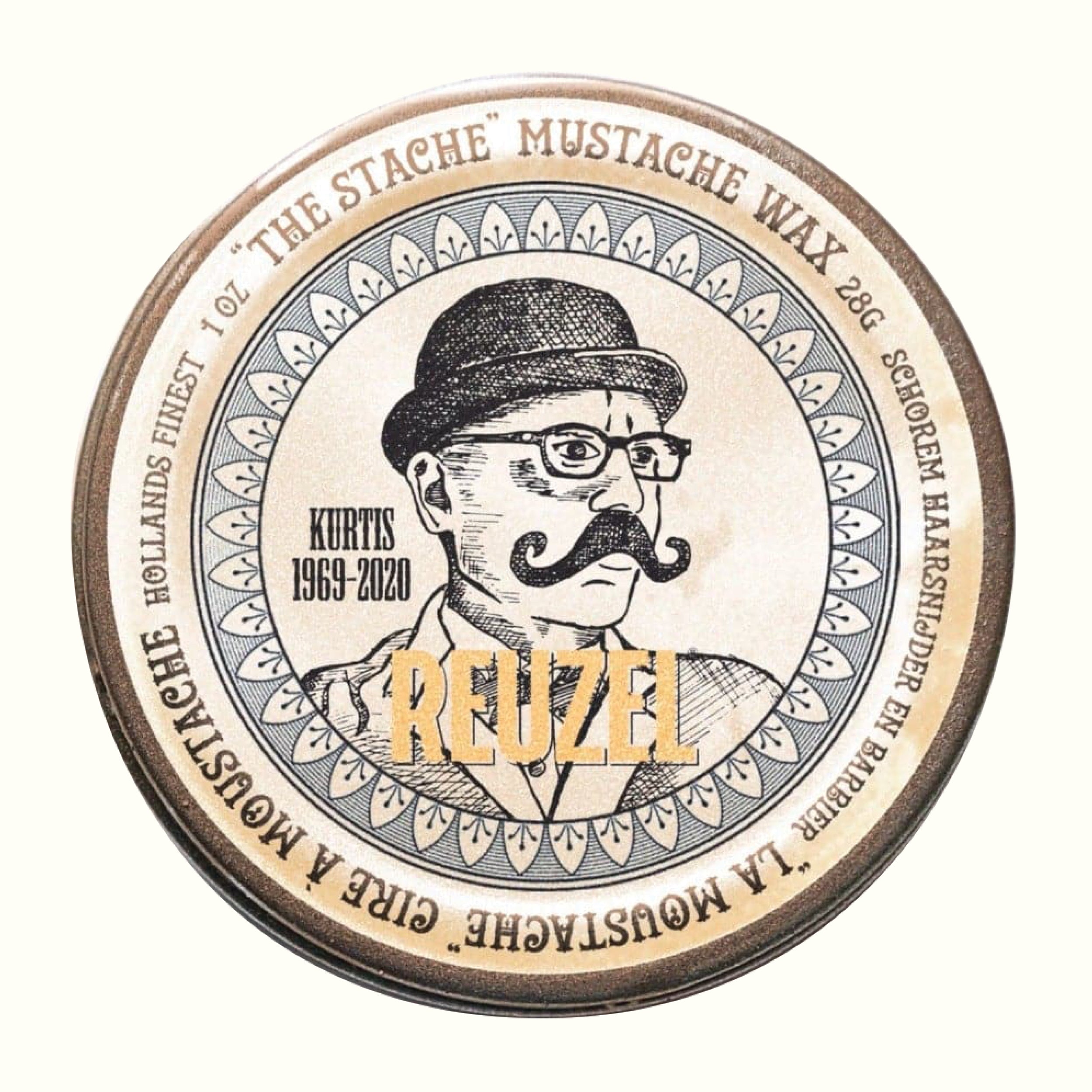 Reuzel Deutschland The Stache Mustache Wax in a tin, used for shaping and styling mustaches with a natural finish.