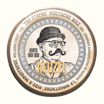 Reuzel Deutschland The Stache Mustache Wax in a tin, used for shaping and styling mustaches with a natural finish.