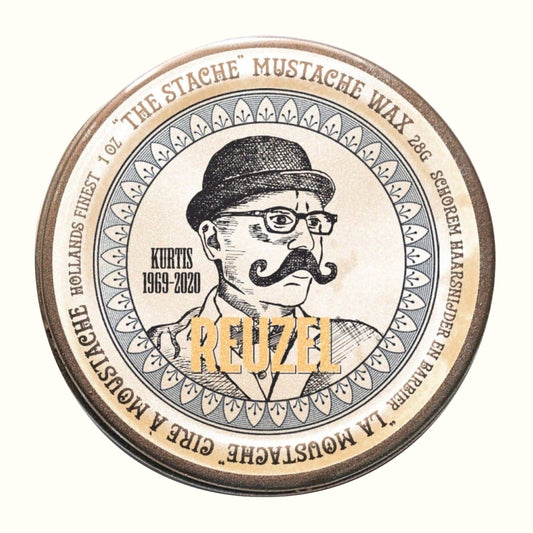 Reuzel Deutschland The Stache Mustache Wax in a tin, used for shaping and styling mustaches with a natural finish.