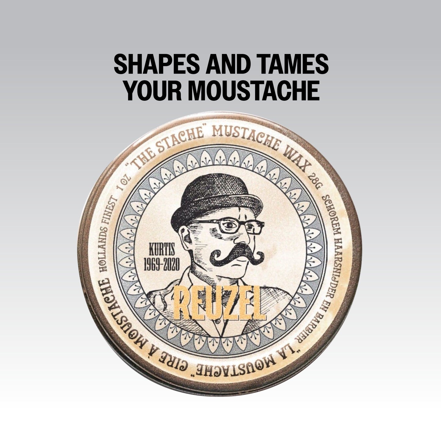 Reuzel Deutschland The Stache Mustache Wax jar with black lid and label, designed for shaping and styling mustaches.