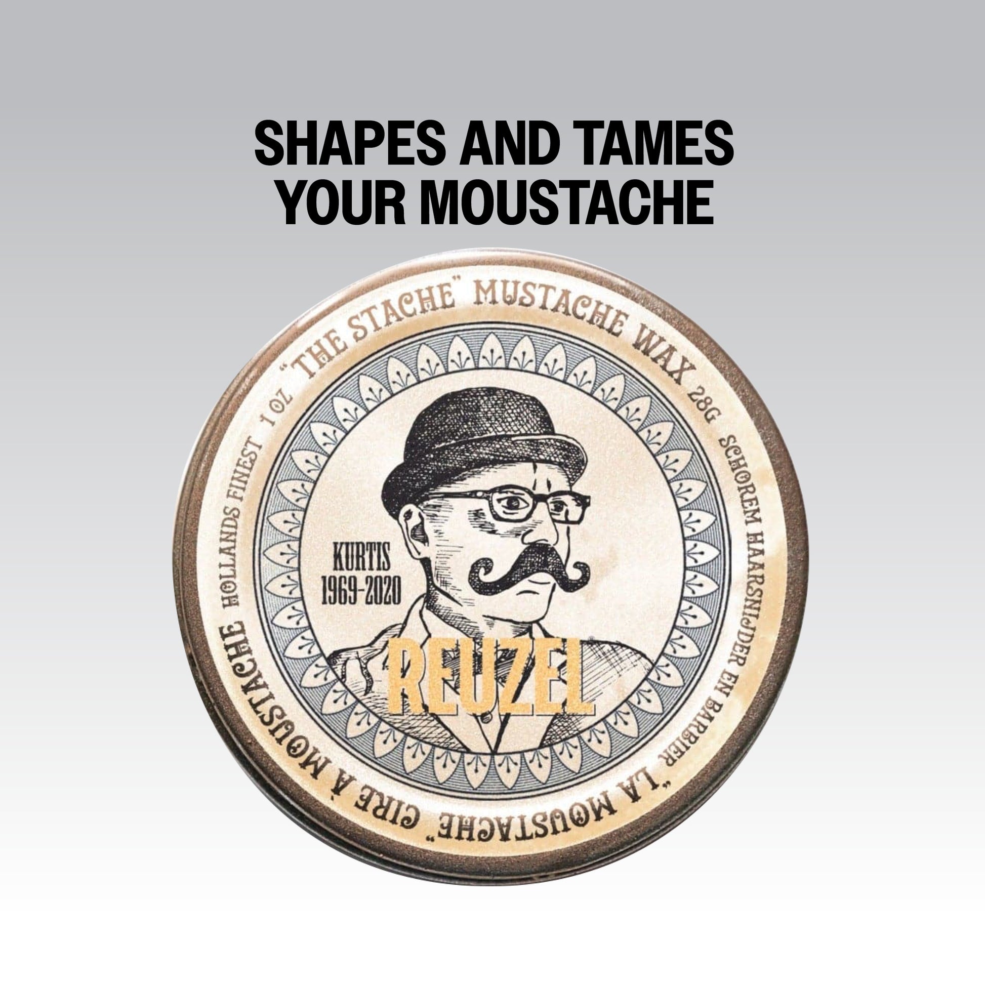 Reuzel Deutschland The Stache Mustache Wax jar with black lid and label, designed for shaping and styling mustaches.