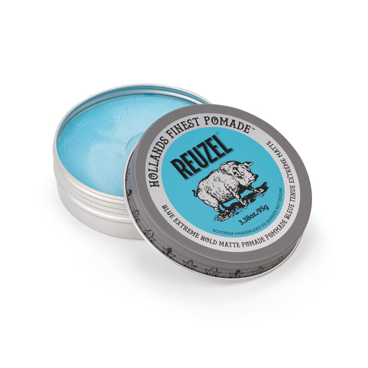 Blue Extreme Hold matte pomade by Reuzel Deutschland in a tub, showcasing the product's packaging and blue branding.