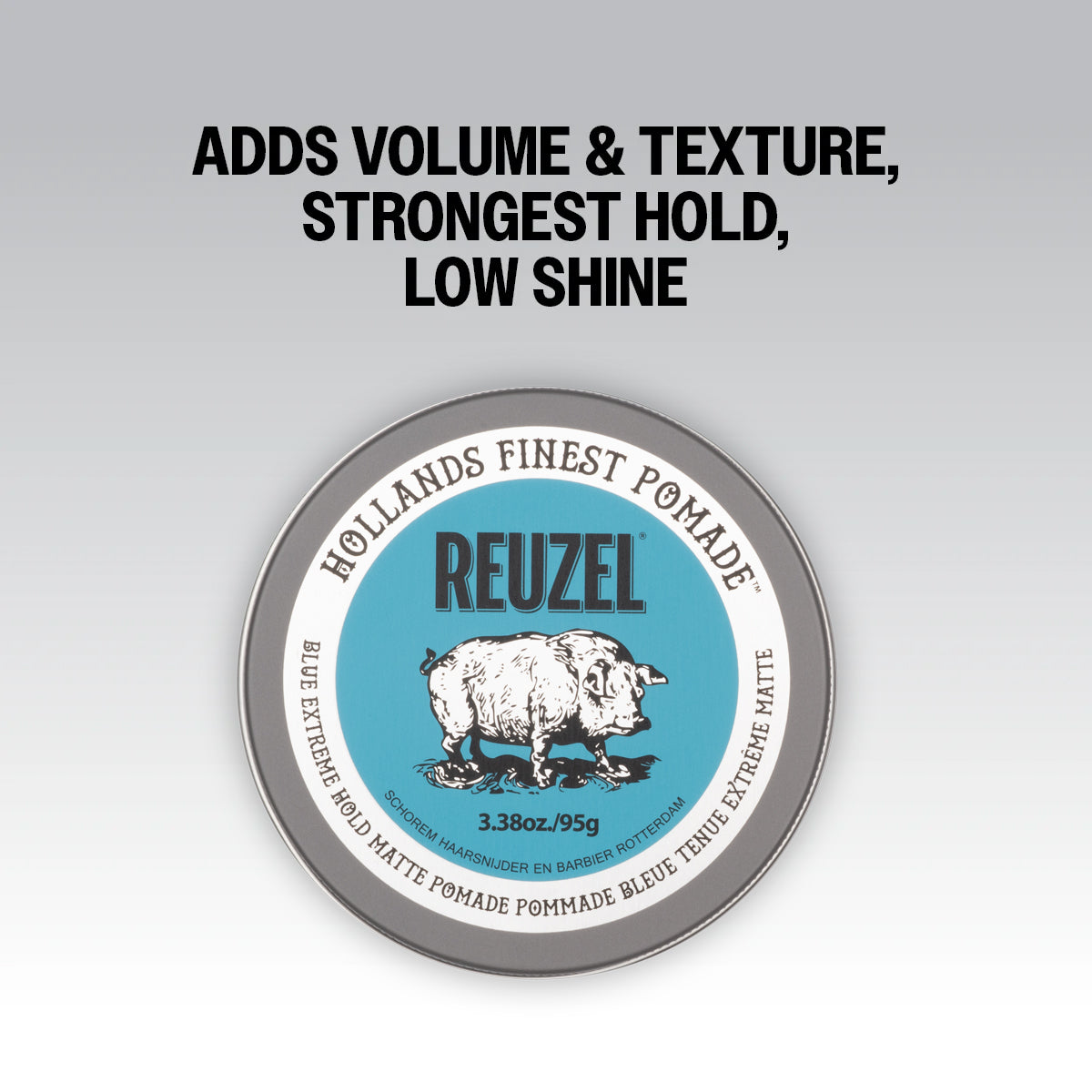 Blue Reuzel Extreme Hold Matte Pomade jar with black lid, showcasing the product label and branding on a white background.
