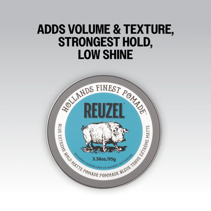 Blue Reuzel Extreme Hold Matte Pomade jar with black lid, showcasing the product label and branding on a white background.