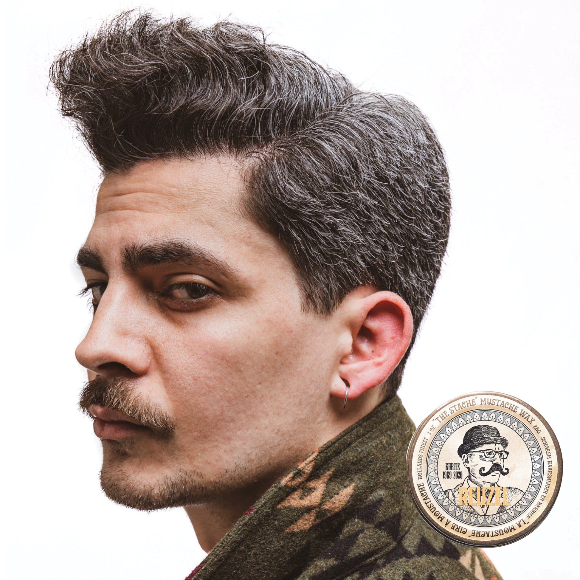 Reuzel Deutschland The Stache Mustache Wax in a small tin, designed to shape and style mustaches with natural hold and shine.