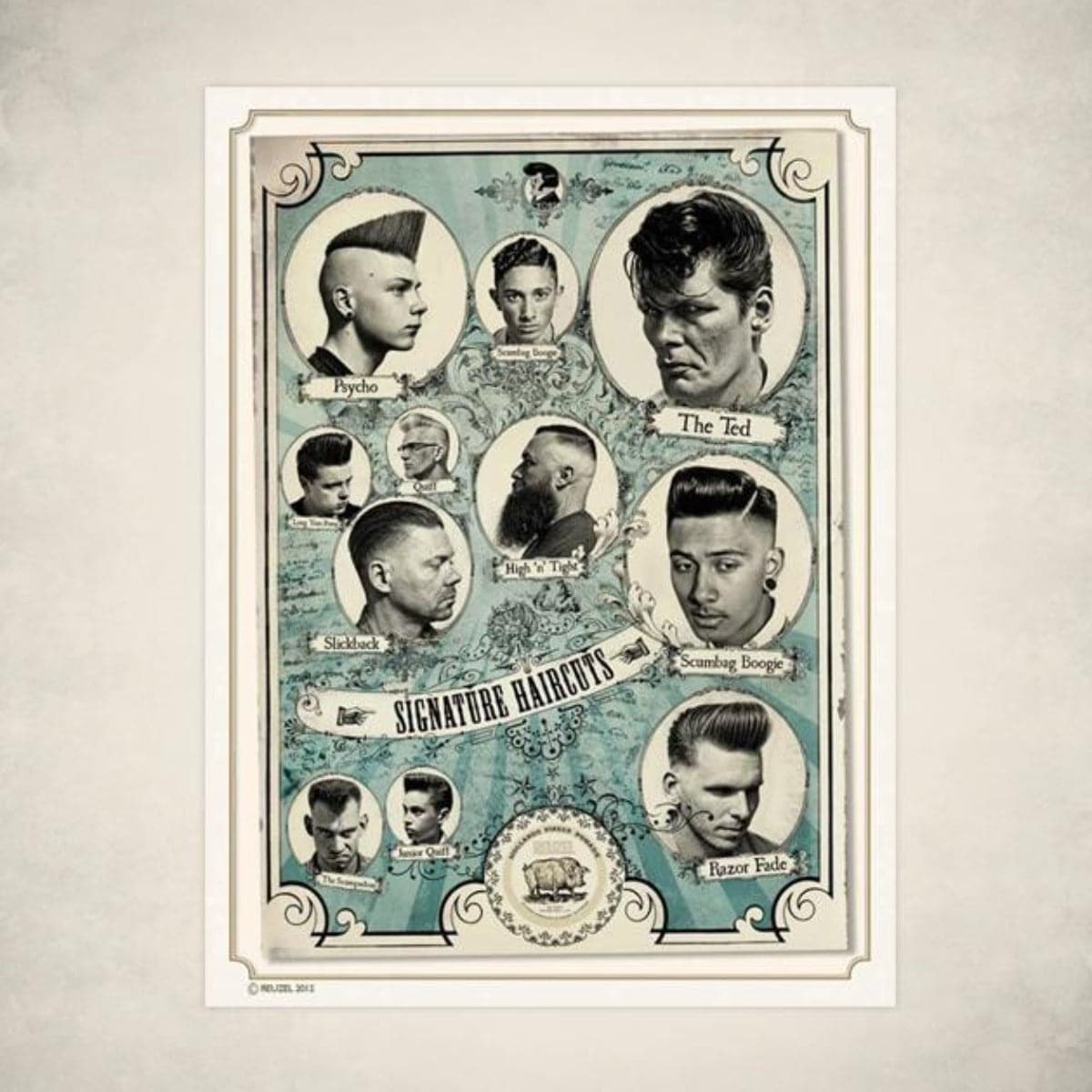 Reuzel Deutschland Schorem Signature Haircuts poster featuring classic barber styles and vintage-inspired artwork.
