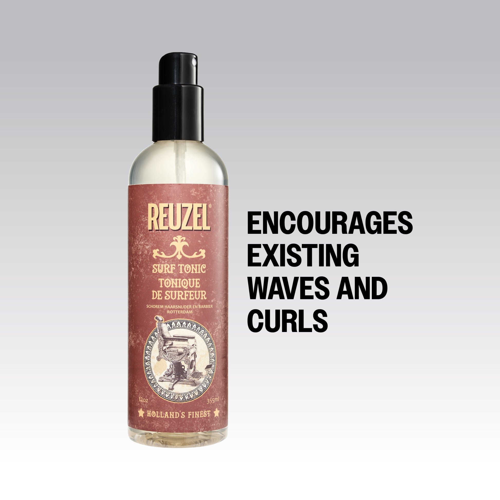 Reuzel Deutschland Surf Tonic salt spray for hair, featuring a spray bottle with textured, wavy hair on the label.