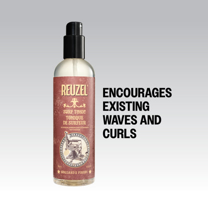 Reuzel Deutschland Surf Tonic salt spray for hair, featuring a spray bottle with textured, wavy hair on the label.