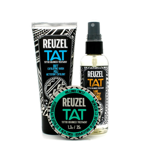 Reuzel Deutschland TAT Trio tattoo aftercare set including Hydrabalm, BUFF exfoliating wash, and SHINE tattoo spray on a white background.