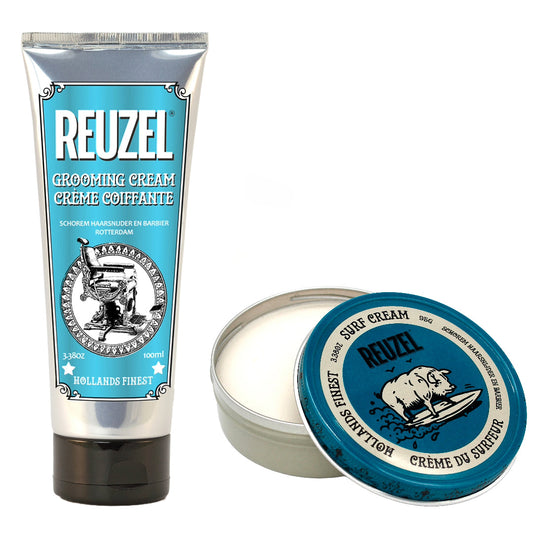 Reuzel Deutschland Surf Cream and Grooming Cream bundle for hair styling, showing the products in their packaging on a clean surface.