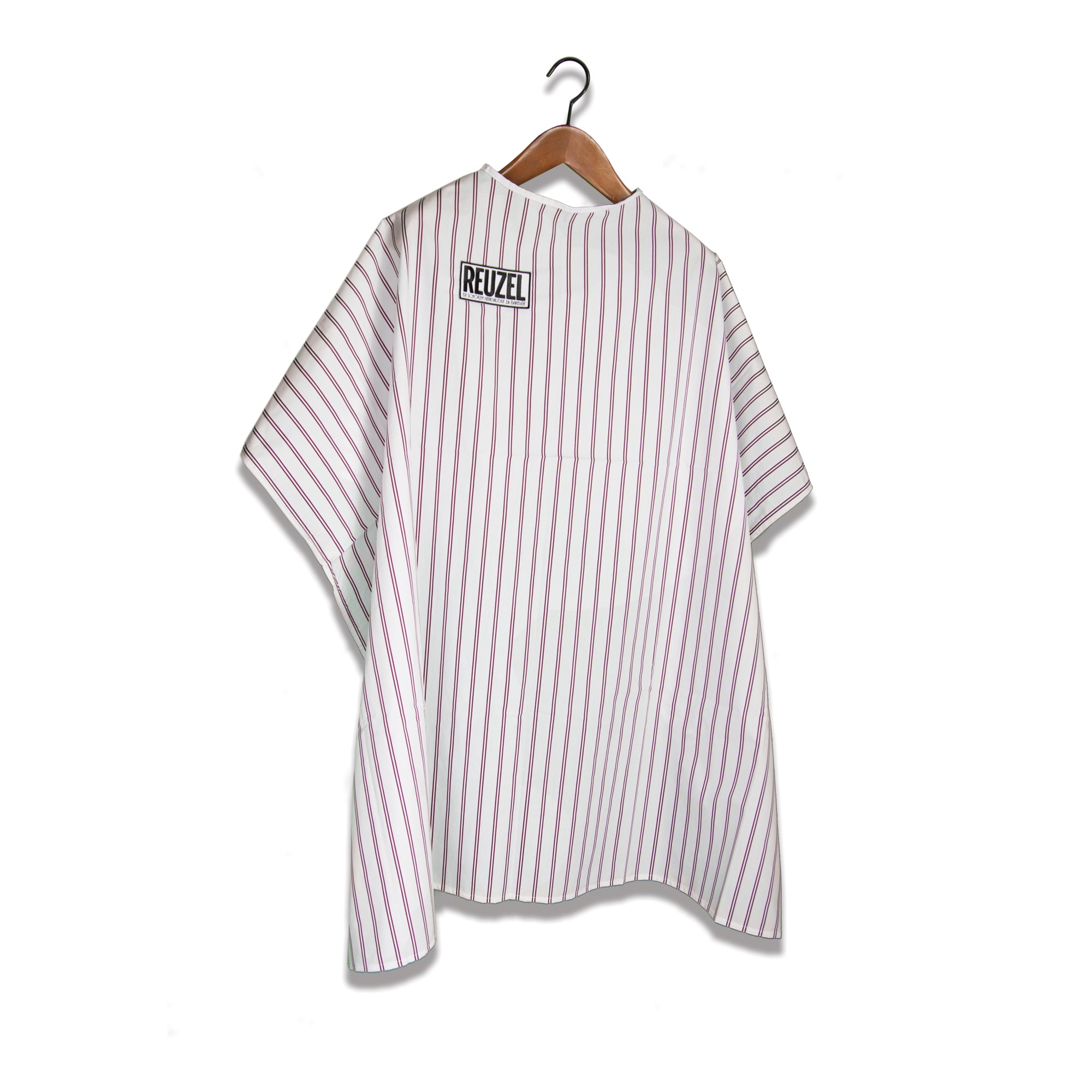 Reuzel Deutschland barber cape for salon use, lightweight black cloth with adjustable neck strap, designed for professional haircuts.