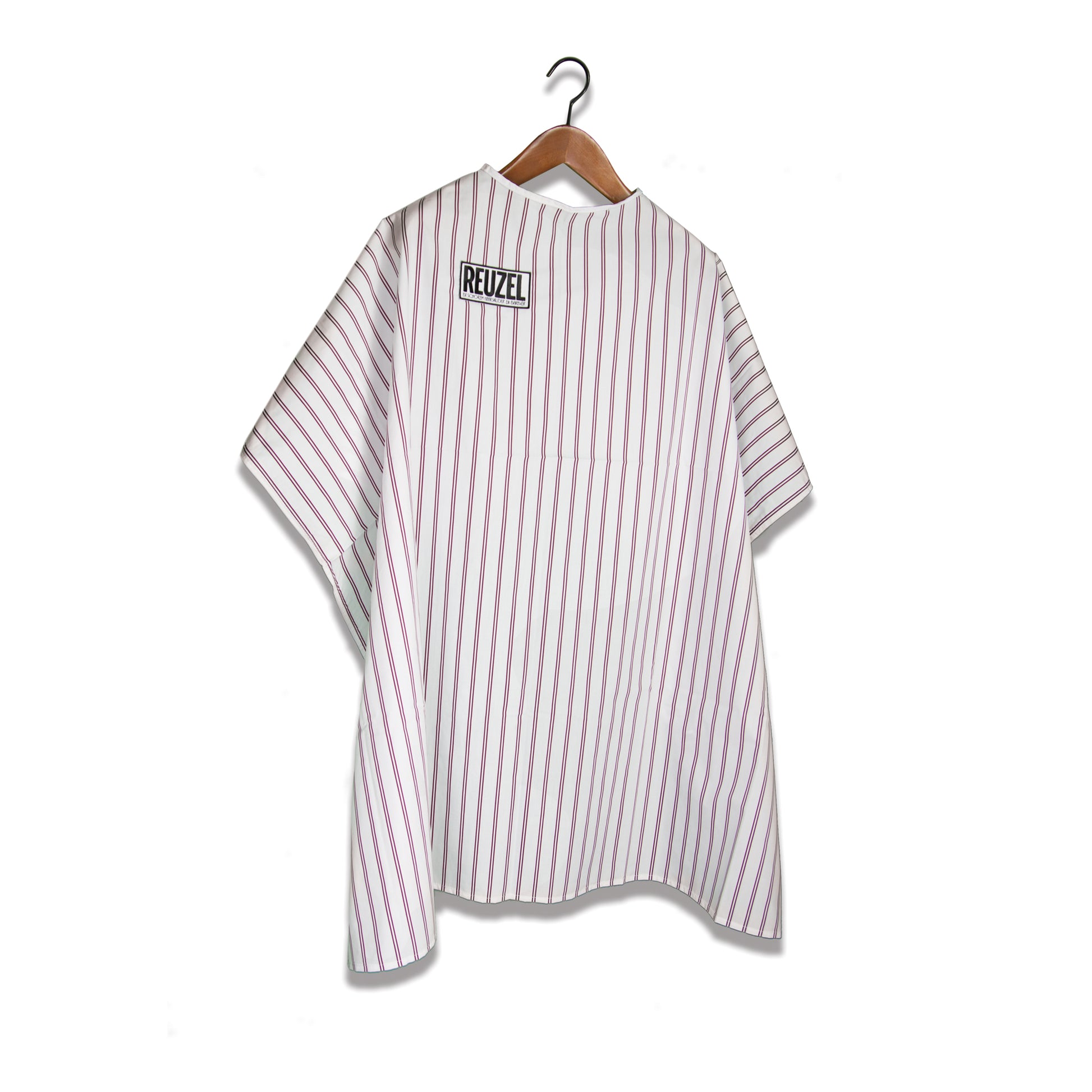Reuzel Deutschland barber cape for salon use, lightweight black cloth with adjustable neck strap, designed for professional haircuts.