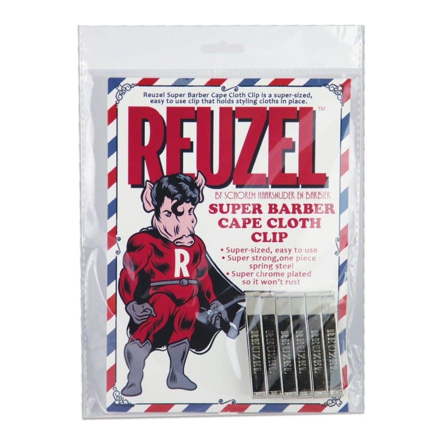 Set of six Reuzel Deutschland Barber Cape Clips, durable metal hairdressing accessories for securing barber capes during styling.