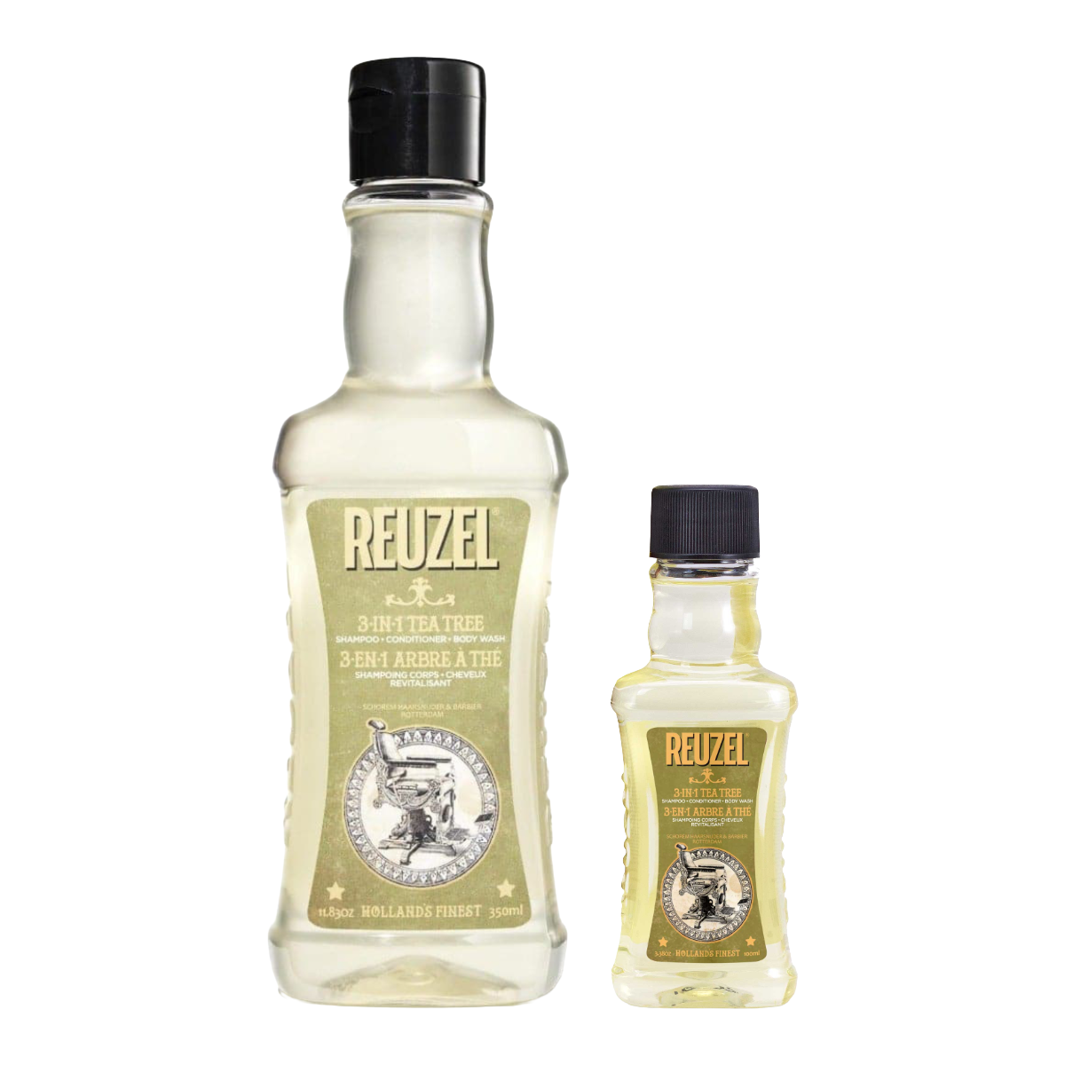 Reuzel Deutschland 3-in-1 Tea Tree Shampoo, Conditioner, and Body Wash for travel, featuring a road trip theme on the label.