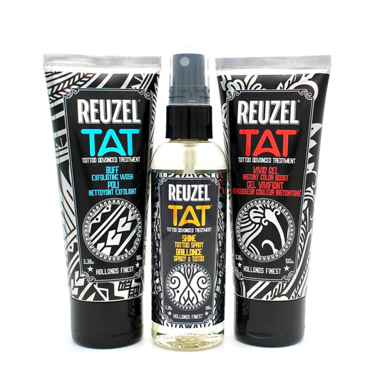 Reuzel Deutschland TAT Trio tattoo aftercare products with Buff exfoliating wash, Shine spray, and Vivid gel on a white background.